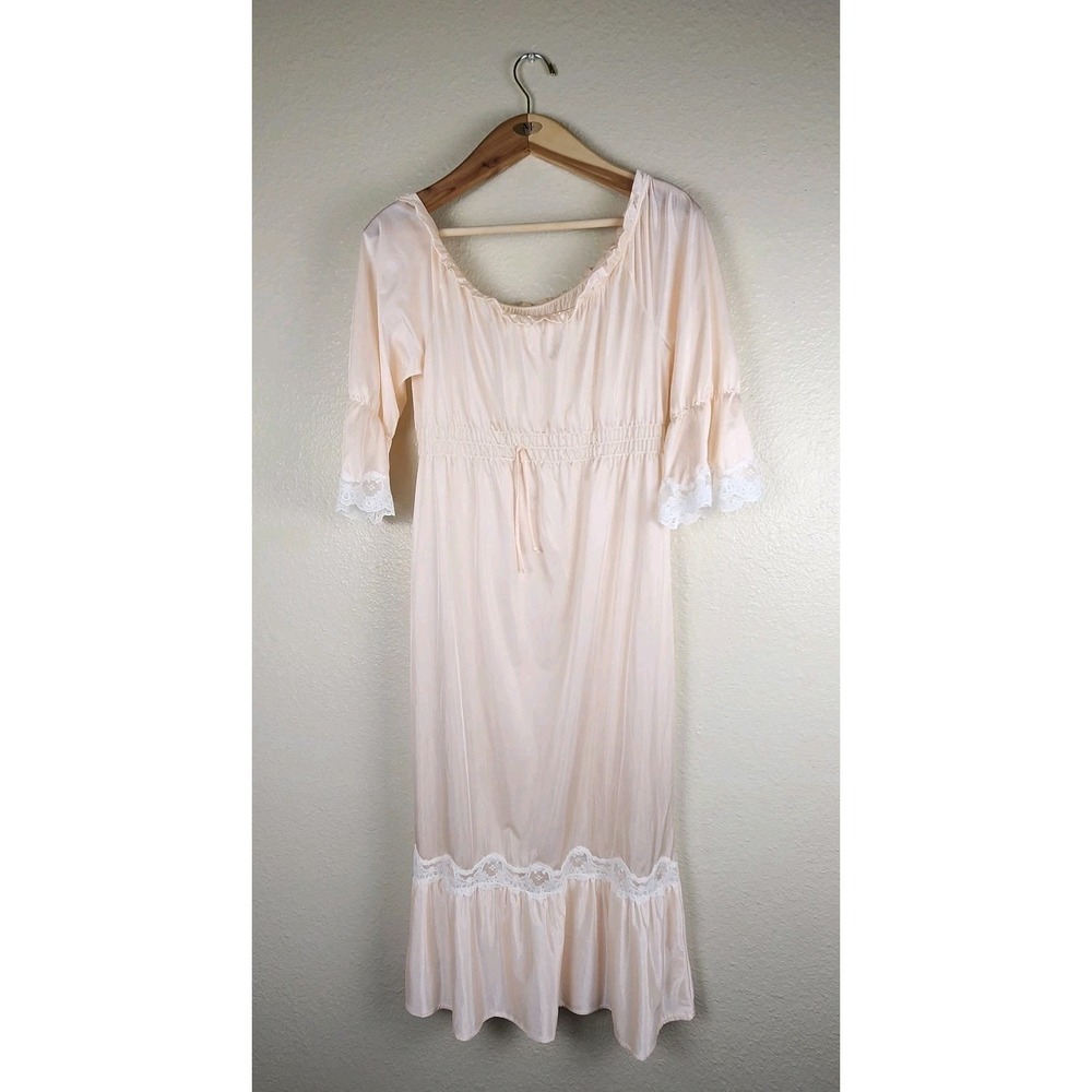 Gilead Womens Petite Nightgown Pink Nylon Lace Trim 3/4 Sleeve Prairie Cottageco